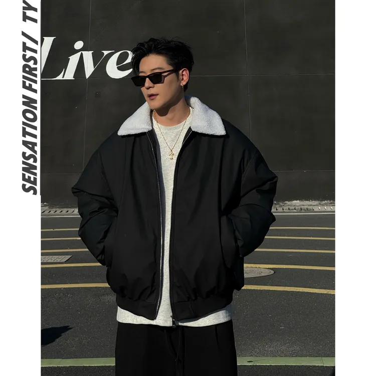 田野L  冬季翻毛领简约加厚宽松皮质棉服