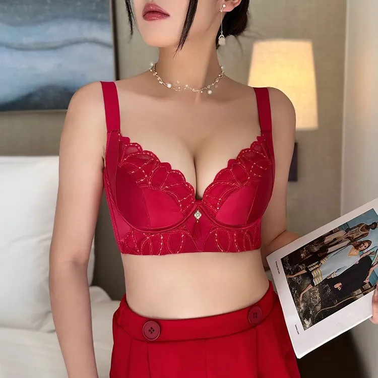 美容院性感红色蕾丝内衣本命年收副乳防下垂聚拢软钢圈调整型文胸