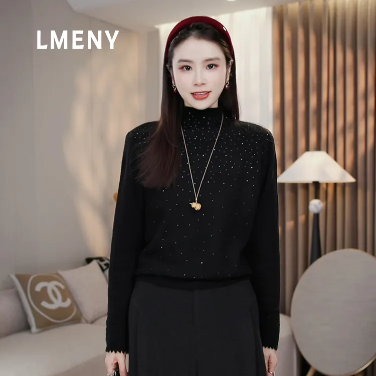 LMENY“满天星”绵羊毛针织衫2025女新款钩花烫钻半高领毛衣25DM033