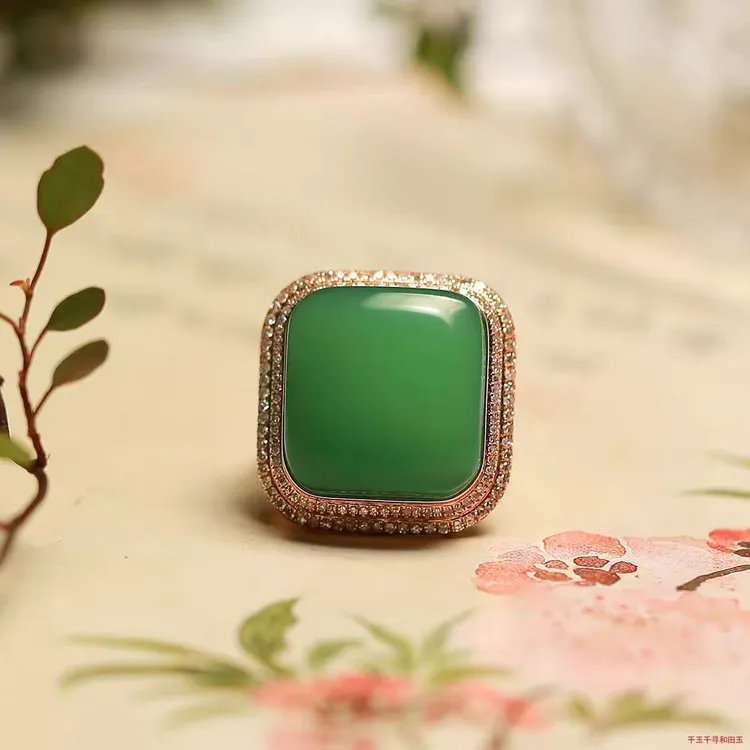 和田玉碧玉18k金戒指女款经典百搭气质高级方形戒指赠一物一证书 