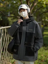 男女同款设计感韩系牛仔拼接连帽百搭休闲宽松款男友风外套6C791