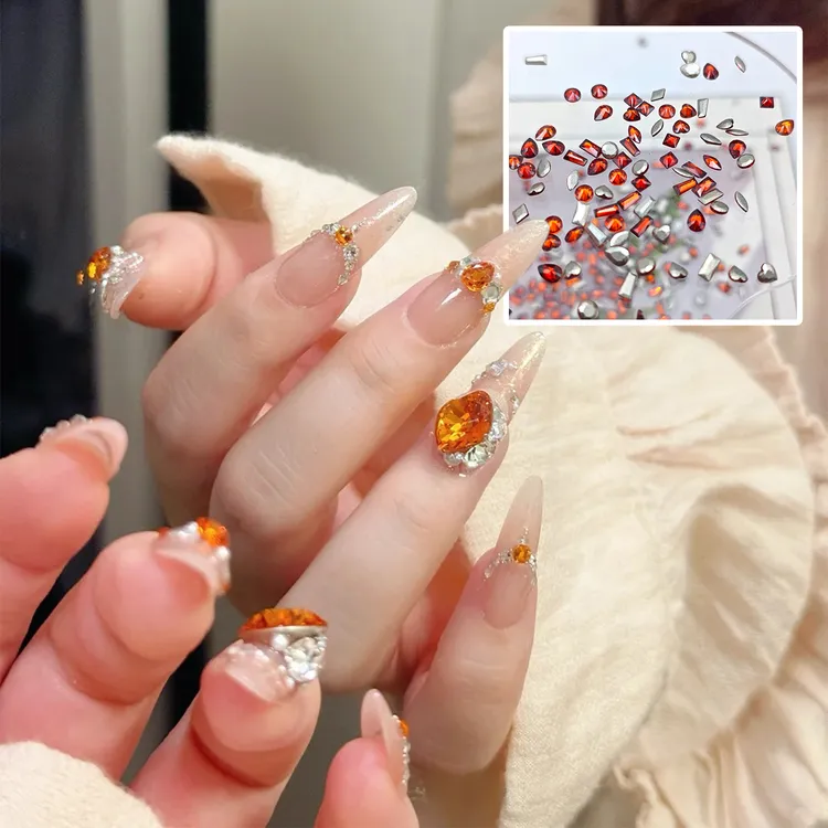 秋冬新款中号芬达色锆石美甲钻饰品奢华橘红橙色琥珀色指甲配饰钻