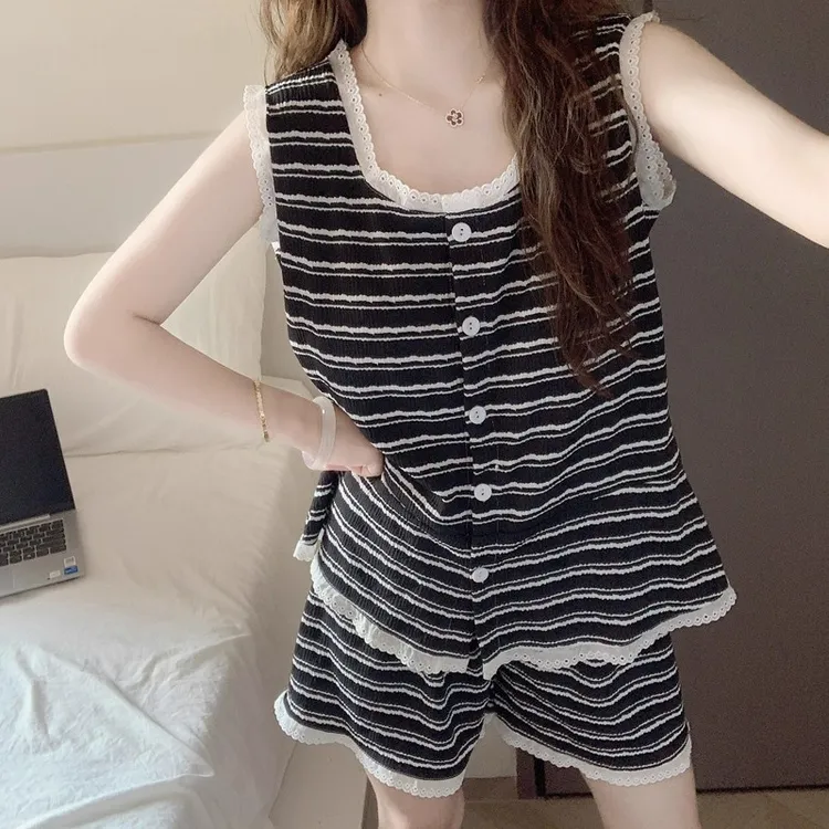 带胸垫睡衣女款夏季云朵棉韩系黑条纹吊带短裤背心外穿家居服套装