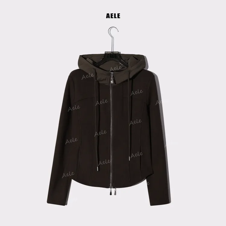 AELE加绒慵懒风时尚短款简约拼接连帽显瘦拉链外套 W855 3688 AD