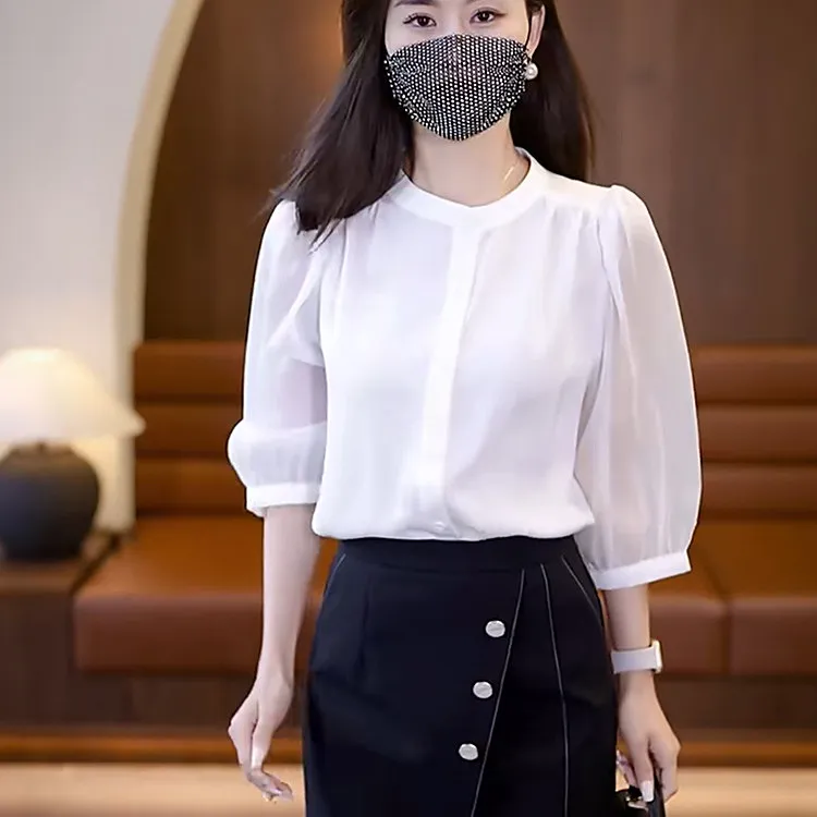 2025年夏季雪纺衬衫女士新款七分袖纯色上法式法式圆领女士雪纺衫