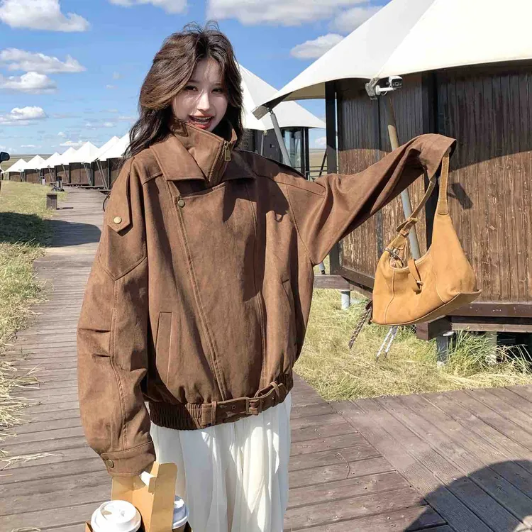 秋季宽松型翻领风衣外套免烫慵懒风厚款复古港风鹿皮绒夹克外套