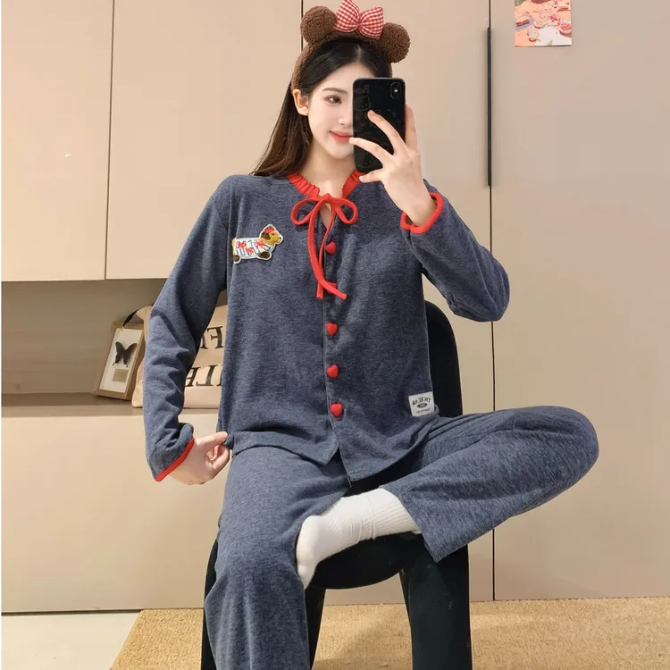 秋冬款深灰卡通腊肠狗开衫睡衣长袖长裤女羊绒外穿保暖家居服套装