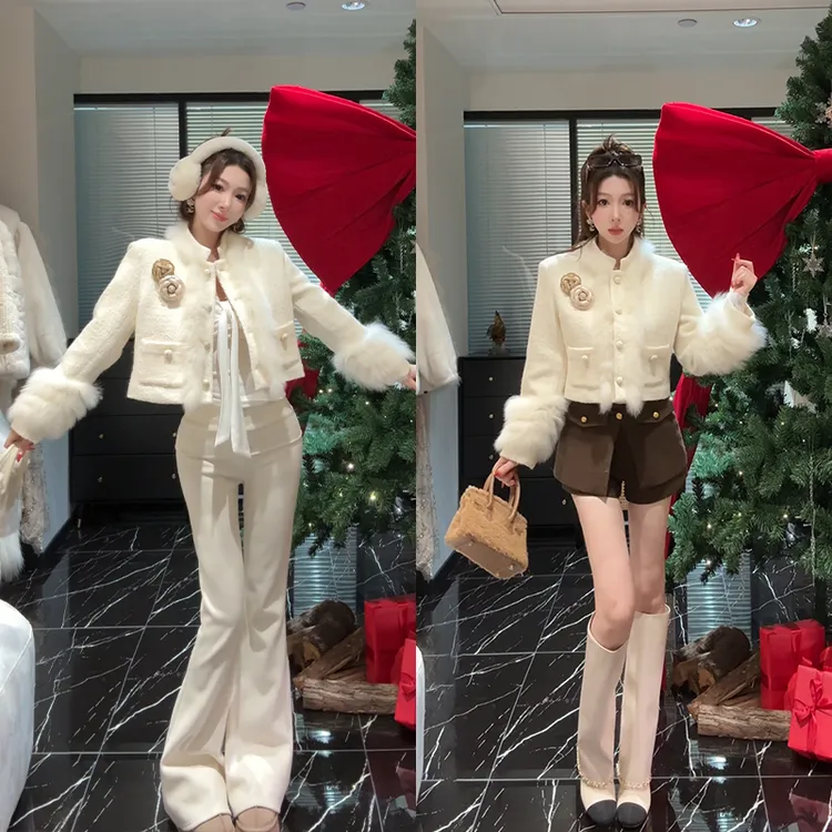 小雨姐姐【香羽绽冬】狐狸毛拼接小香风短款90白鸭绒羽绒服女冬季