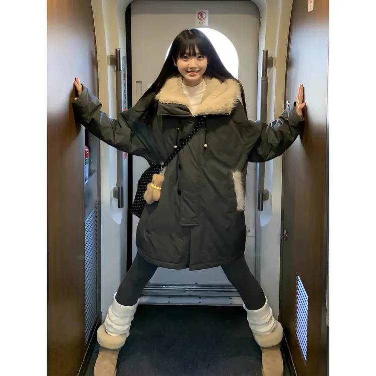 中长款风衣棉袄外套2025新款毛领工装棉衣棉服女冬季羊羔毛派克服