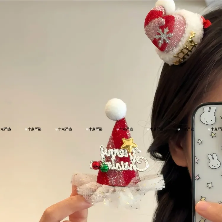  圣诞节红色帽子发夹圣诞蝴蝶结星星头饰女发卡毛绒头箍拍照发夹