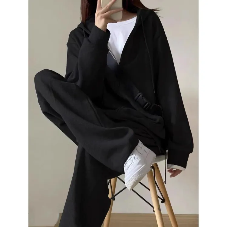 美式大码休闲运动服套装女秋冬胖mm300斤连帽卫衣外套+长裤两件套
