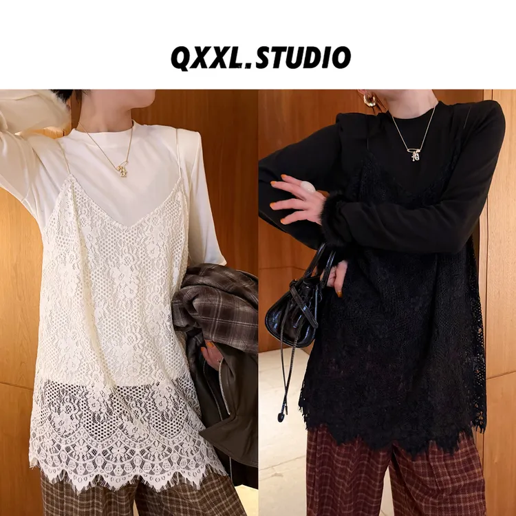邱小小丽呀 冬季新款V领蕾丝无袖吊带背心女遮肉显瘦叠穿内搭上衣