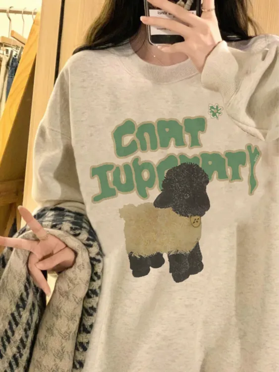 春秋冬季印花新款圆领套头卫衣女韩系减龄大码慵懒上衣加绒外套
