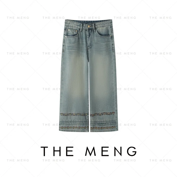 THE MENG【花絮】水洗棉刺绣简约通勤百搭阔腿牛仔裤#M252P0621