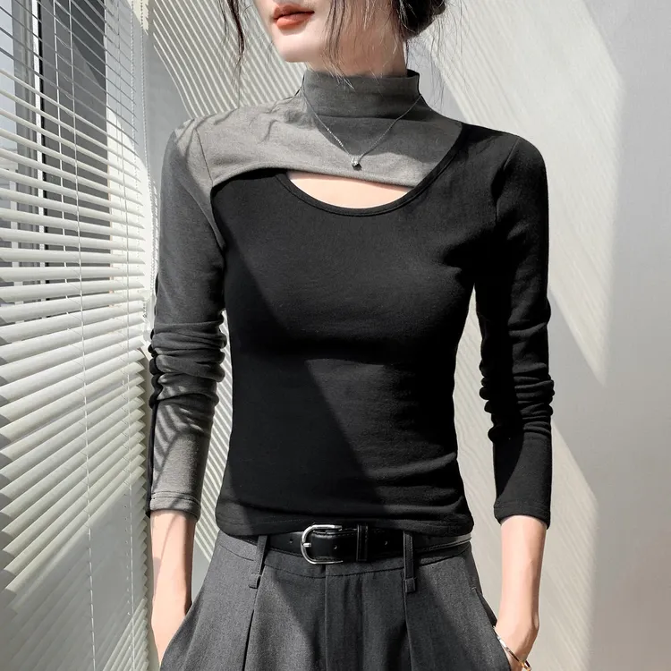 拼色镂空半高领长袖内磨毛T恤女2025秋季新款内搭打底衫修身上衣
