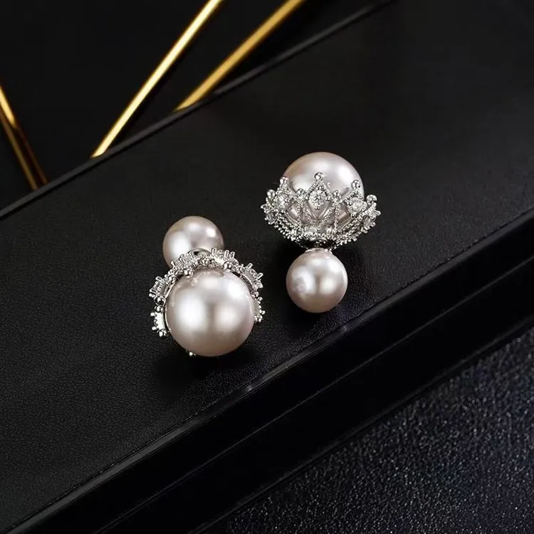 铜合金仿珍珠耳饰 前后两戴镂空微镶皇冠珍珠时尚气质网红女耳钉