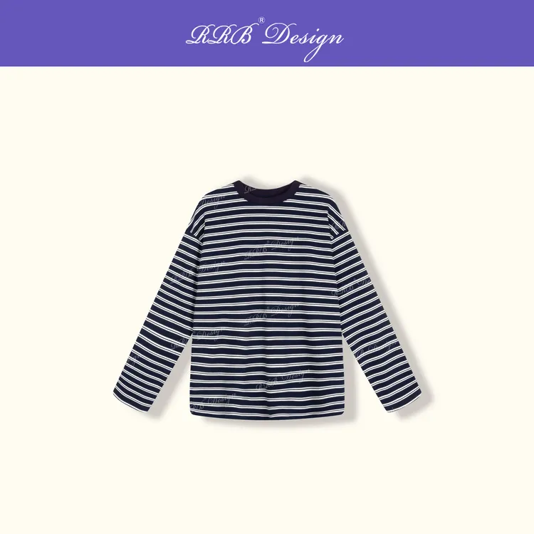 RRB Design「舒适至上」新疆长绒棉宽松显瘦百搭条纹圆领长袖上衣