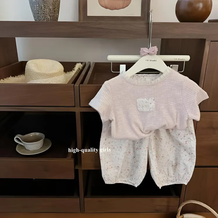 女童夏装纯色短袖时尚百搭公主风针织夏季碎花灯笼裤薄款儿童套装