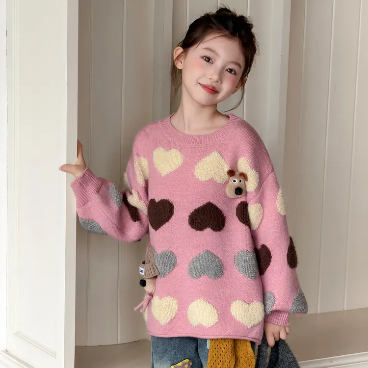 女童秋冬新款卡通爱心立体小狗圆领针织毛衣休闲牛仔阔腿裤两件套