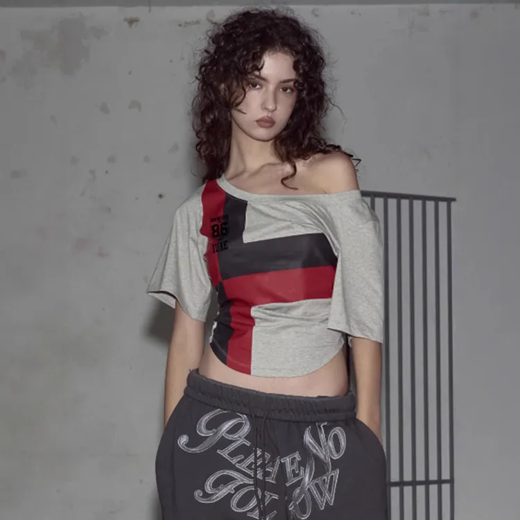 美式街头潮人拼色几何图斜肩恤2025春夏时尚新款休闲女装