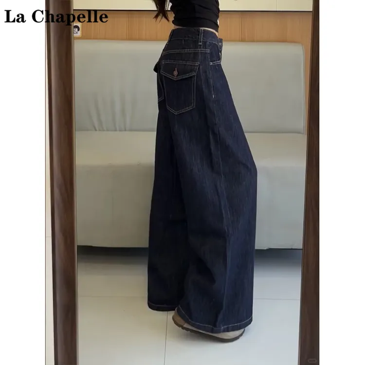 La Chapelle/拉夏贝尔高腰阔腿牛仔裤女2025秋季宽松垂感阔腿裤