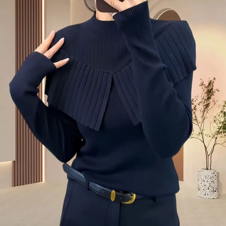 日常通勤琥珀流光风海军领拼接披肩毛针织衫长袖打底上衣春秋新款