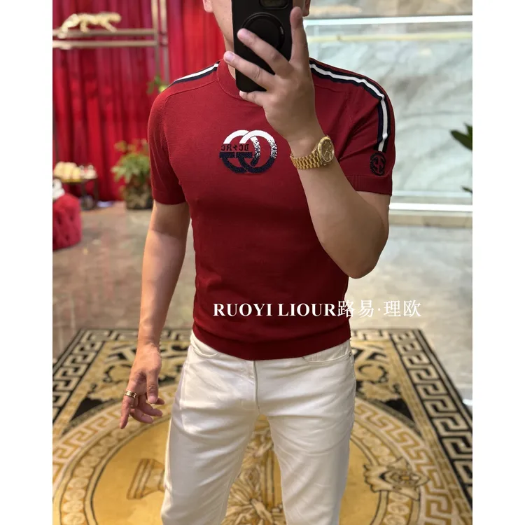 【路易理欧】新款欧货时尚潮流透气休闲轻奢圆领拼色针织短袖0398