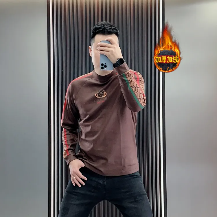 欧洲站2025新款男士修身印花冬季中领打底衫加绒潮流长袖休闲卫衣