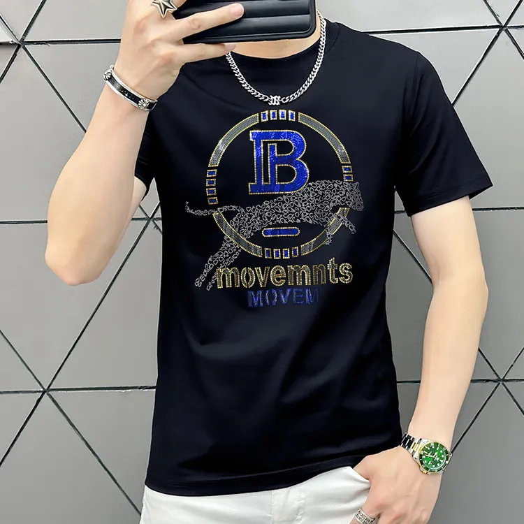 欧货夏季丝光棉短袖t恤男士潮圆领修身时尚男装半袖薄款烫钻短袖
