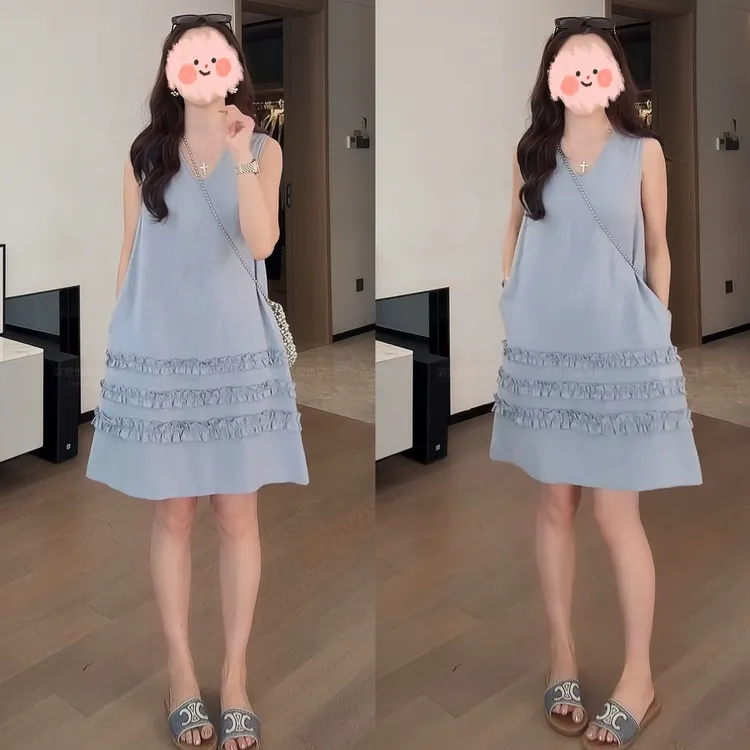 2025夏季新款出游穿搭松弛感老钱风褶皱木耳边舒适无袖背心连衣裙