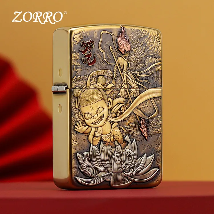 ZORRO佐罗Z910S原铜浮雕哪吒套防风煤油打火机1941送男生520礼物