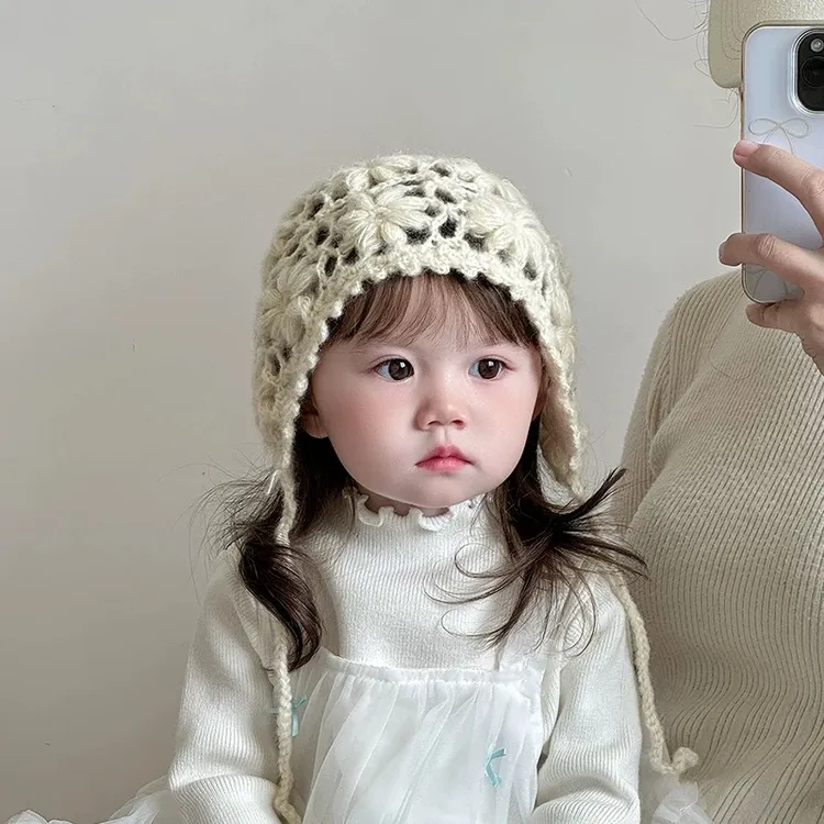 宝宝帽子精致手工勾针花朵轻柔搭配女童洋气时髦针织婴幼儿公主帽