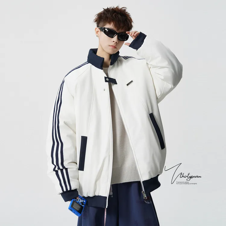 V37美式学院风立领三条杠拼接棉衣男冬季新款加厚保暖棉服外套潮