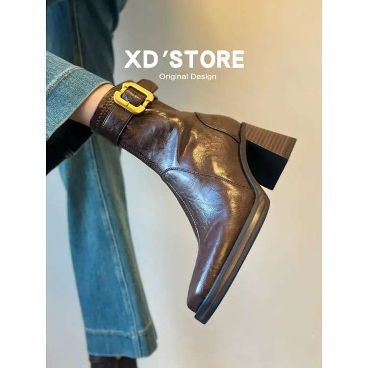 羊皮版~静音底方头高跟短靴女轻奢粗跟瘦瘦靴百搭显瘦新款马丁靴