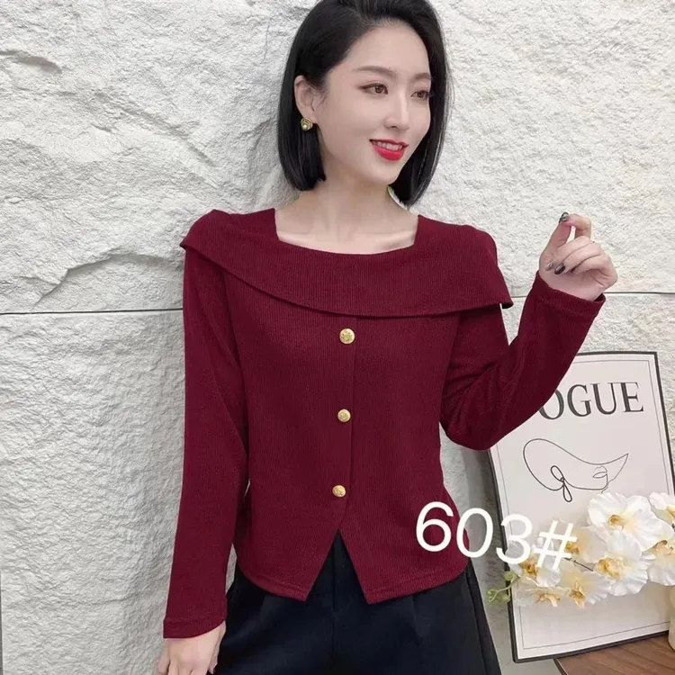 2025春季新款时尚百搭纯色纽扣洋气方领修身韩版长袖上衣#603