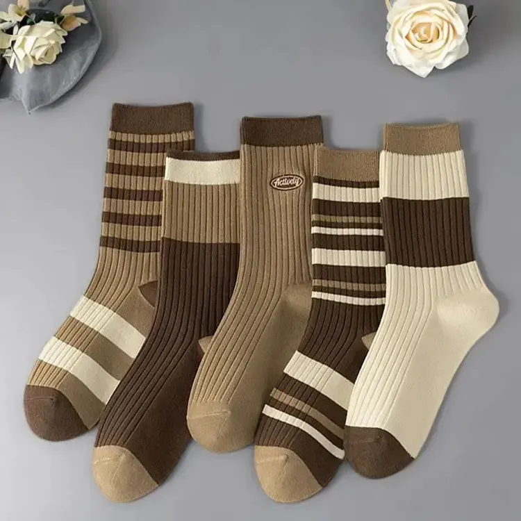 秋冬新款复古风中筒袜条纹休闲长袜吸汗美拉德袜保加厚暖护膝袜子