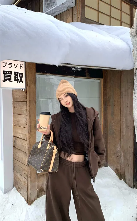 美式复古纯色简约慵懒宽松加绒休闲卫衣秋冬套装#22771