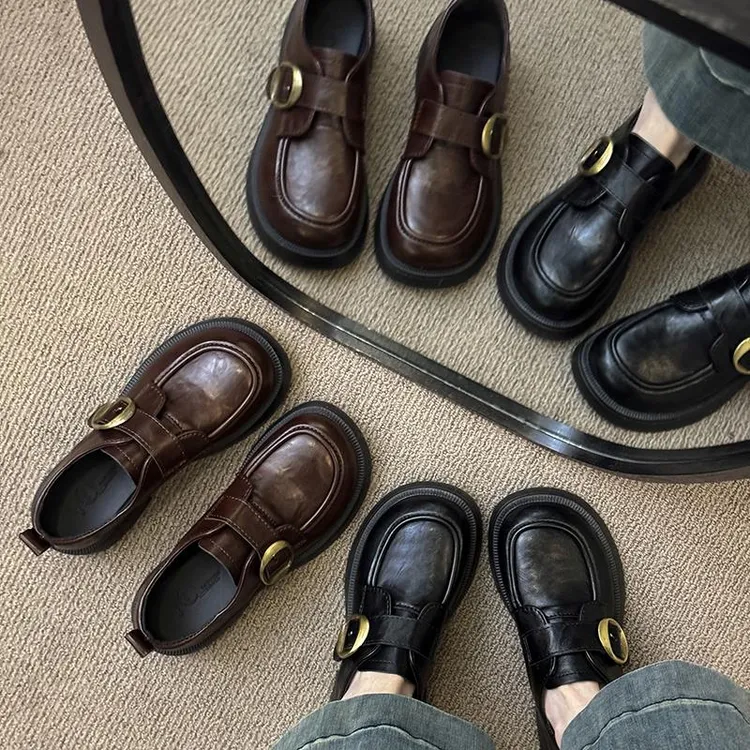 2025秋季新款乐福鞋女粗跟厚底单鞋复古皮带扣英伦风小皮鞋