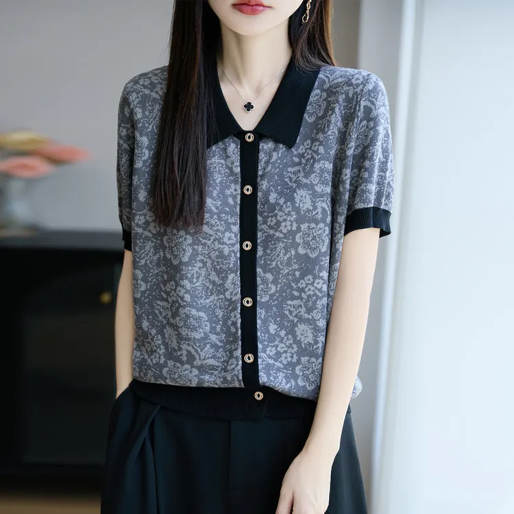 【2005新款】翻领天丝短袖T恤女夏季新款撞色提花时尚短款真丝衫