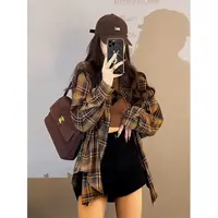 2025早秋新款上衣女咖色格子衬衫女款秋季小个子衬衣外套开衫