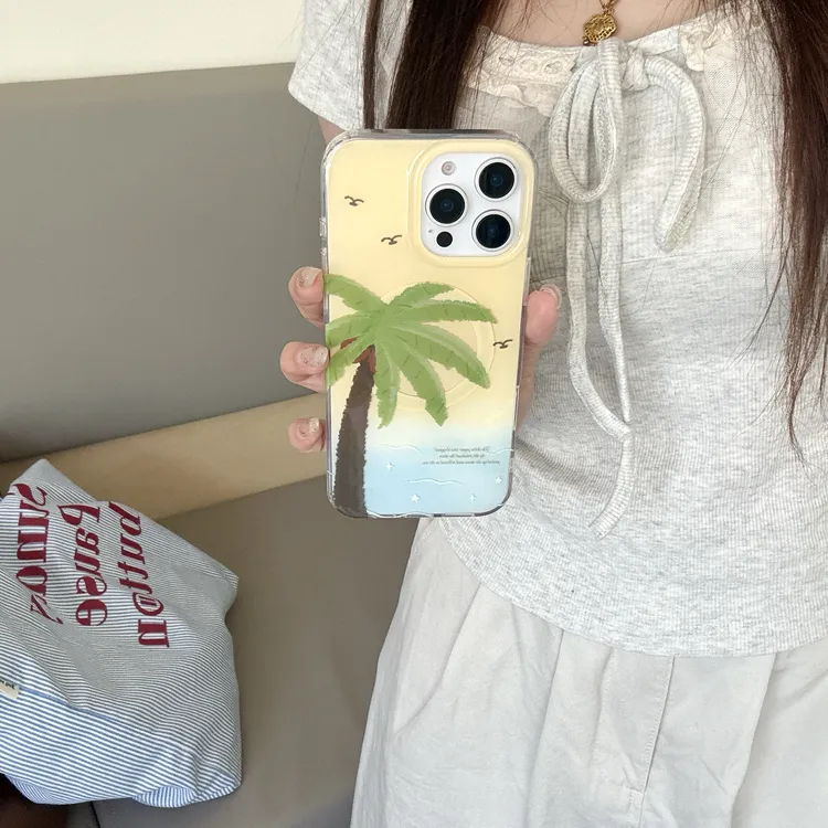 磁吸支架椰树壳适用苹果16promax防摔iPhone15手机壳14绿色13女