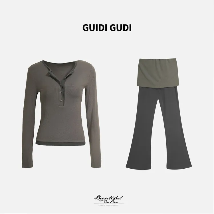 GUIDI GUDI【呼唤】休闲拼接T恤休闲裤套装/黄加蓝