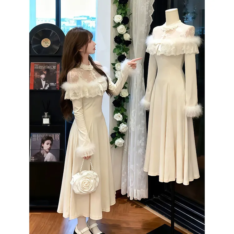 法式千金长袖针织连衣裙秋冬内搭收腰生日礼服绝美长裙8290娇