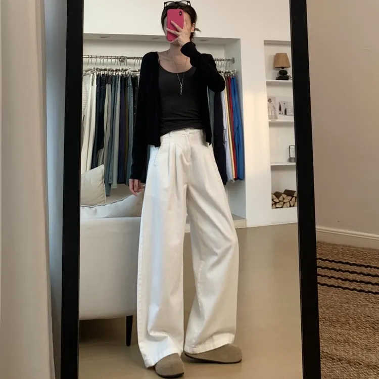 175高个子加长白色皱褶感阔腿牛仔裤女秋新款高腰显瘦休闲拖地裤