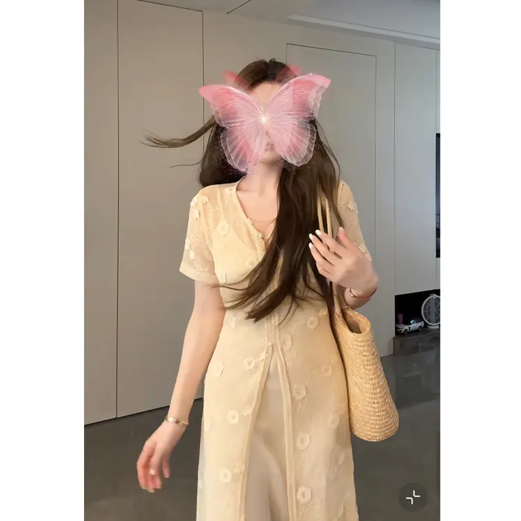 大码【自带美貌滤镜】优雅气质吊带连衣裙勾花镂空叠穿罩衫气质穿搭