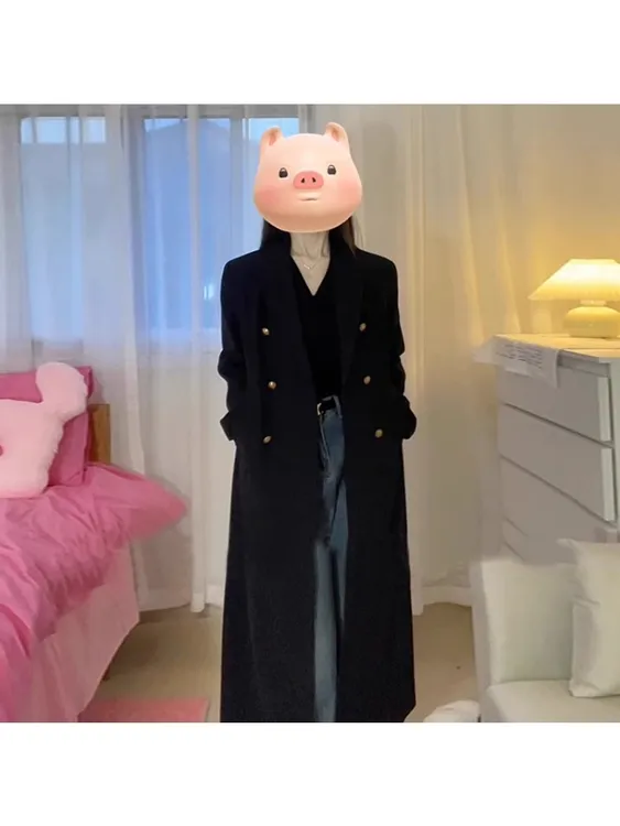 显瘦黑色西装毛呢大衣女2025冬季新款正肩90白鸭绒呢子外套轻奢