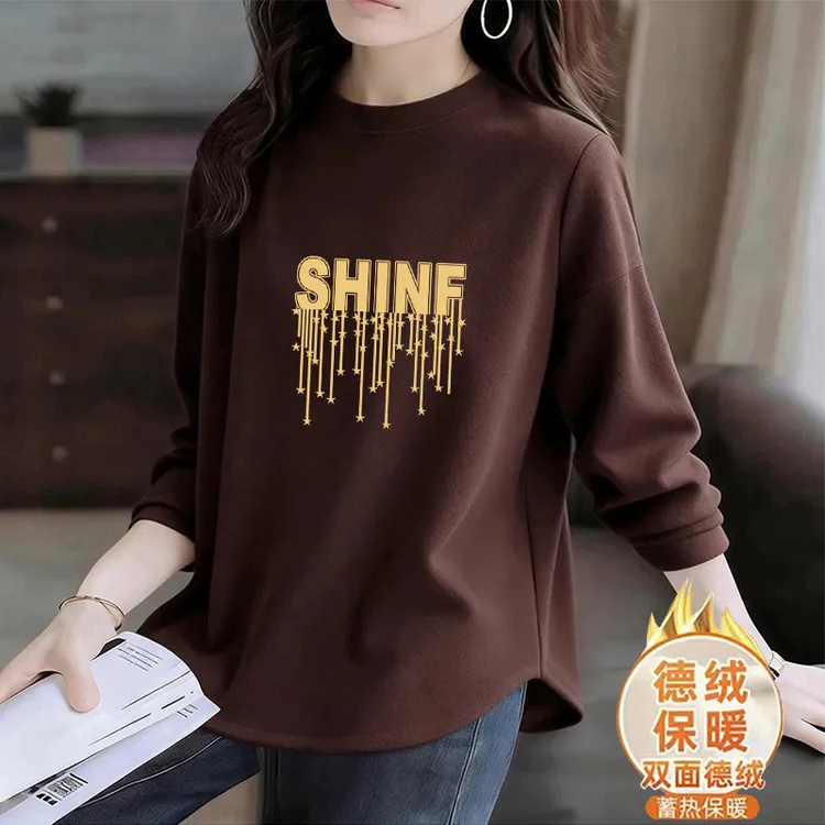 秋冬季新款双面德绒保暖内搭圆领打底衫女士休闲洋气减龄长袖T恤