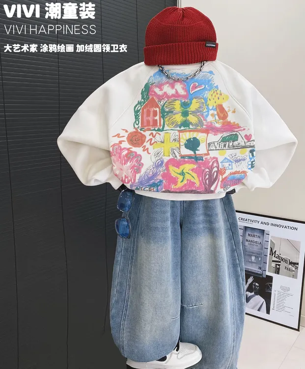 VIVI童装2【大艺术家】冬款亲子中大童涂鸦绘画奶杏色加绒圆领卫衣