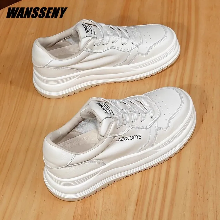 WANSSENY2025年头层牛皮厚底小白鞋新款时尚运动休闲板鞋真皮女鞋