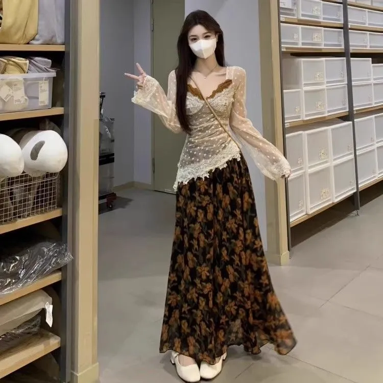 秋季新款设计感假两件蕾丝长袖上衣碎花蕾丝吊带纯欲风吊带上衣